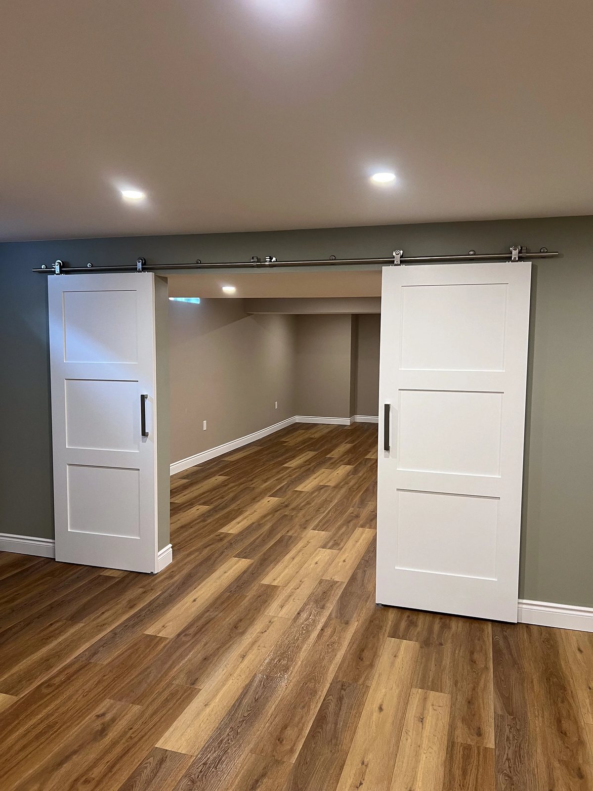 Finished basement with white barn doors, sage accent wall, wood-look plank flooring and pot lights