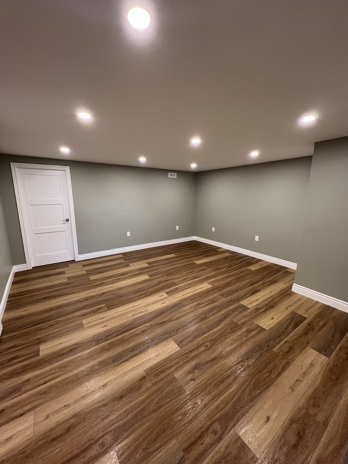 Finished basement rec room with grey-green walls and wood-look plank flooring