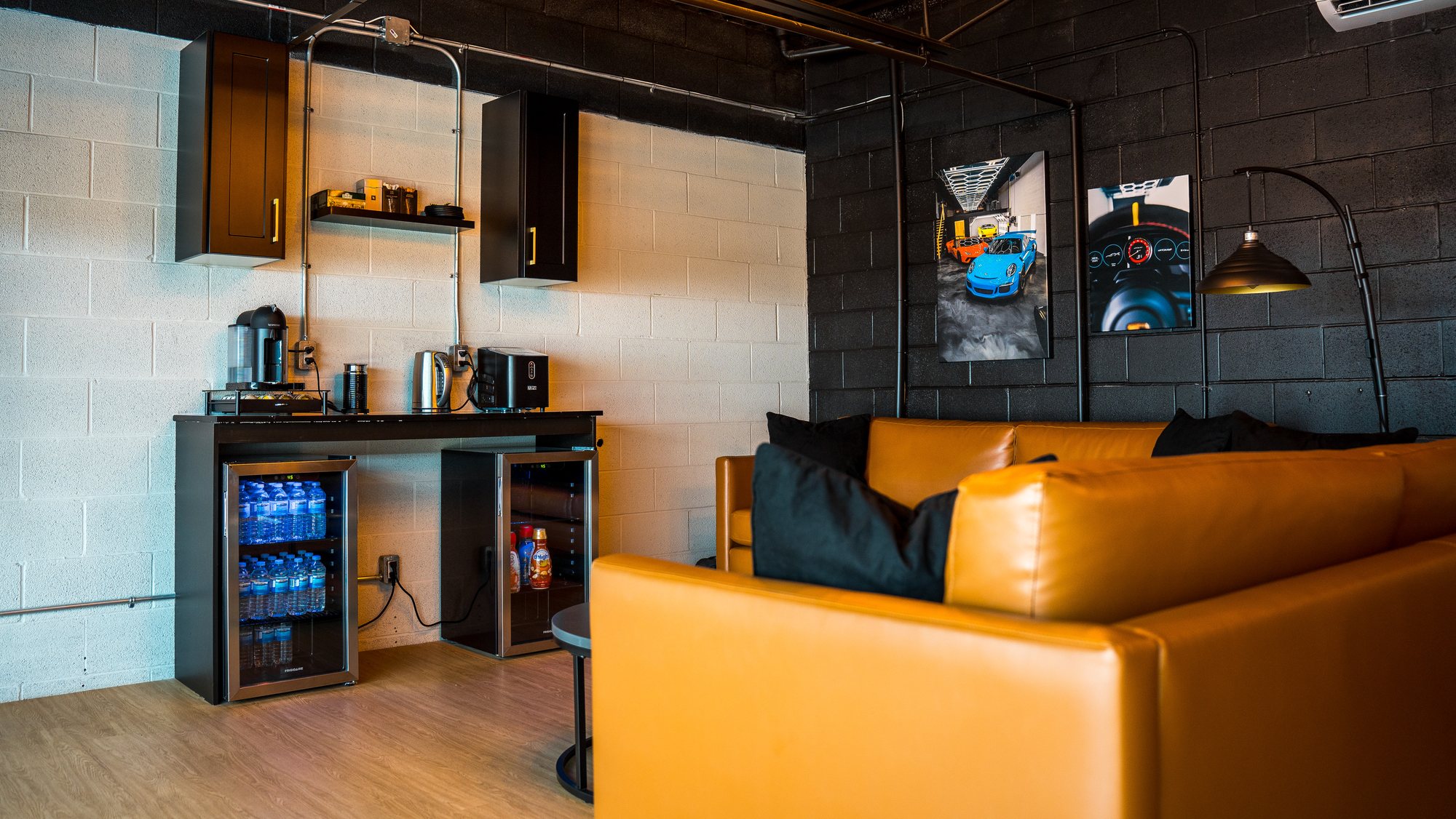 Built-in coffee bar and refrigeration unit in a commercial waiting area