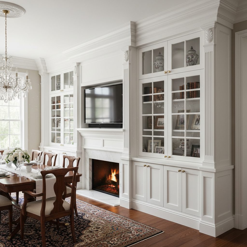 Custom built-in cabinetry with glazed upper doors and fluted detailing flanking a fireplace