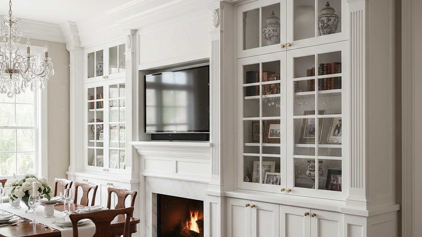 Custom built-in cabinetry with glazed upper doors and fluted detailing flanking a fireplace
