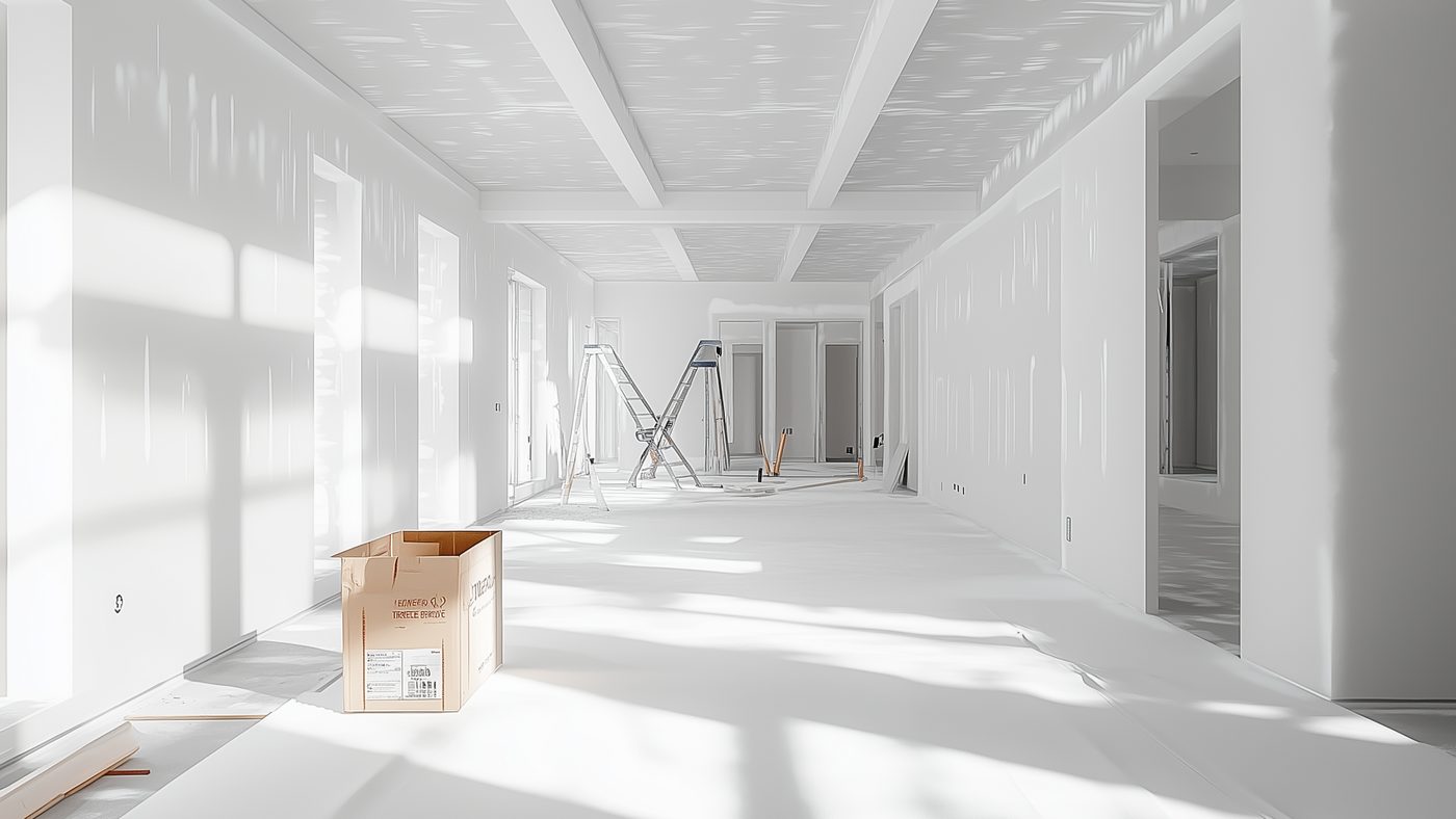Interior taped, sanded and primed ready for paint, with a coffered ceiling and clean corners